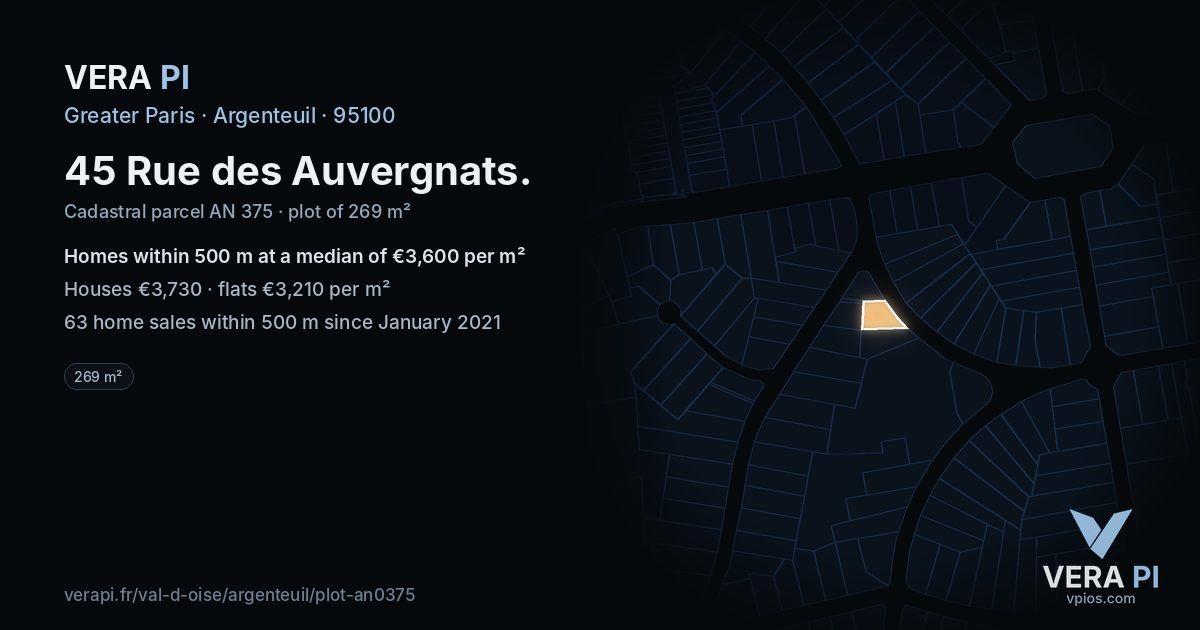 45 Rue des Auvergnats, Argenteuil at night – the plot lit, the parcels around coloured by the prices near them
