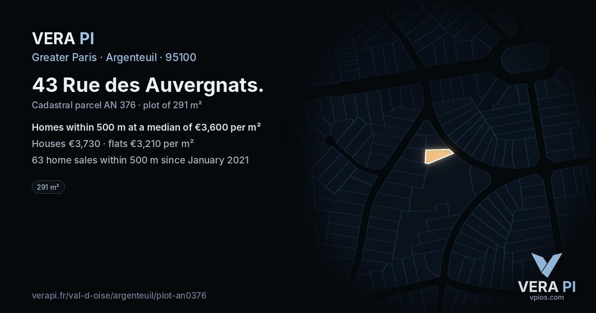 43 Rue des Auvergnats, Argenteuil at night – the plot lit, the parcels around coloured by the prices near them