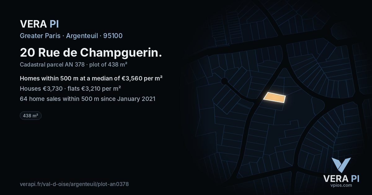 20 Rue de Champguerin, Argenteuil at night – the plot lit, the parcels around coloured by the prices near them