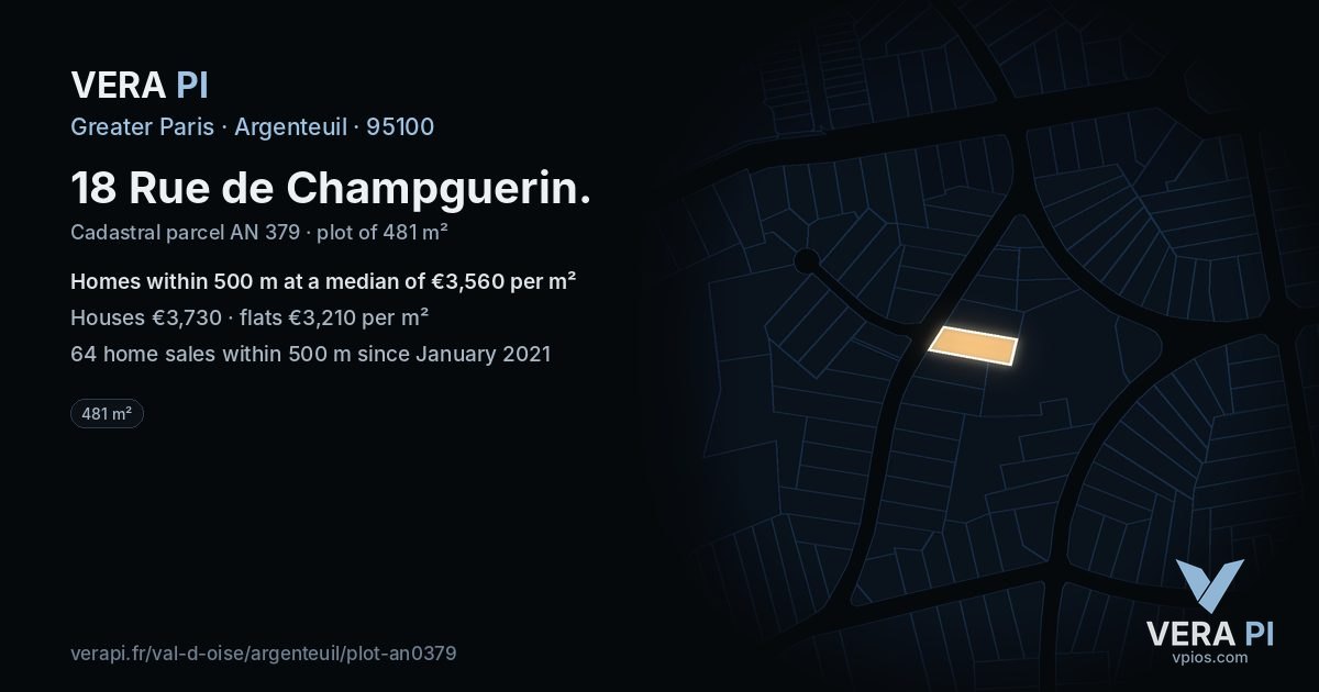 18 Rue de Champguerin, Argenteuil at night – the plot lit, the parcels around coloured by the prices near them