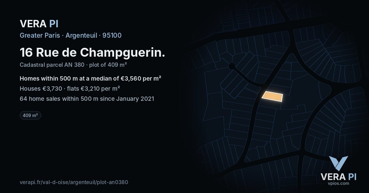 16 Rue de Champguerin, Argenteuil at night – the plot lit, the parcels around coloured by the prices near them