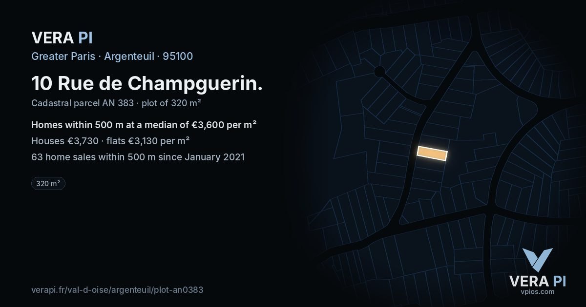 10 Rue de Champguerin, Argenteuil at night – the plot lit, the parcels around coloured by the prices near them