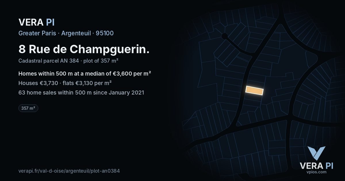 8 Rue de Champguerin, Argenteuil at night – the plot lit, the parcels around coloured by the prices near them