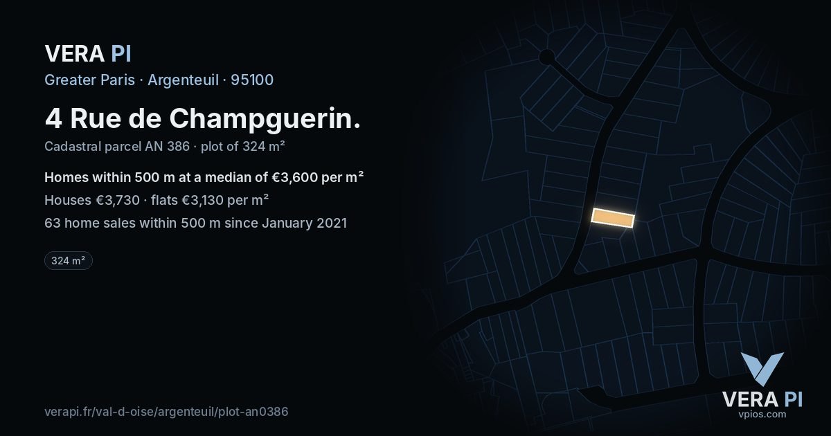 4 Rue de Champguerin, Argenteuil at night – the plot lit, the parcels around coloured by the prices near them