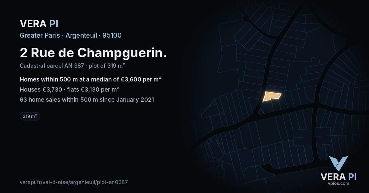 2 Rue de Champguerin, Argenteuil at night – the plot lit, the parcels around coloured by the prices near them