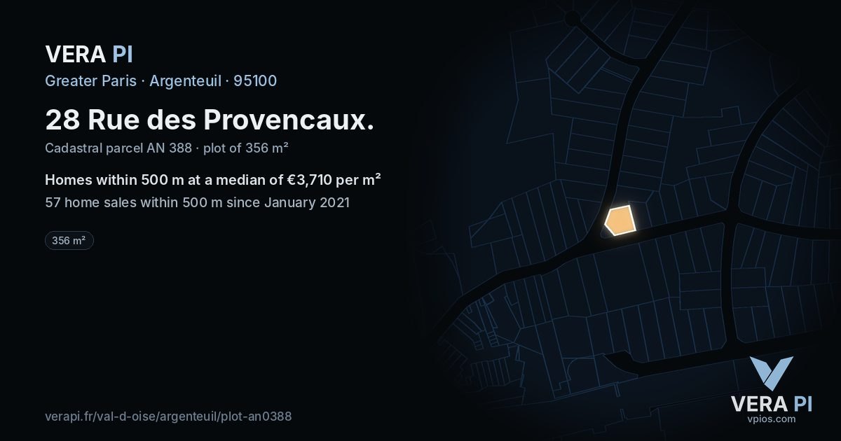 28 Rue des Provencaux, Argenteuil at night – the plot lit, the parcels around coloured by the prices near them