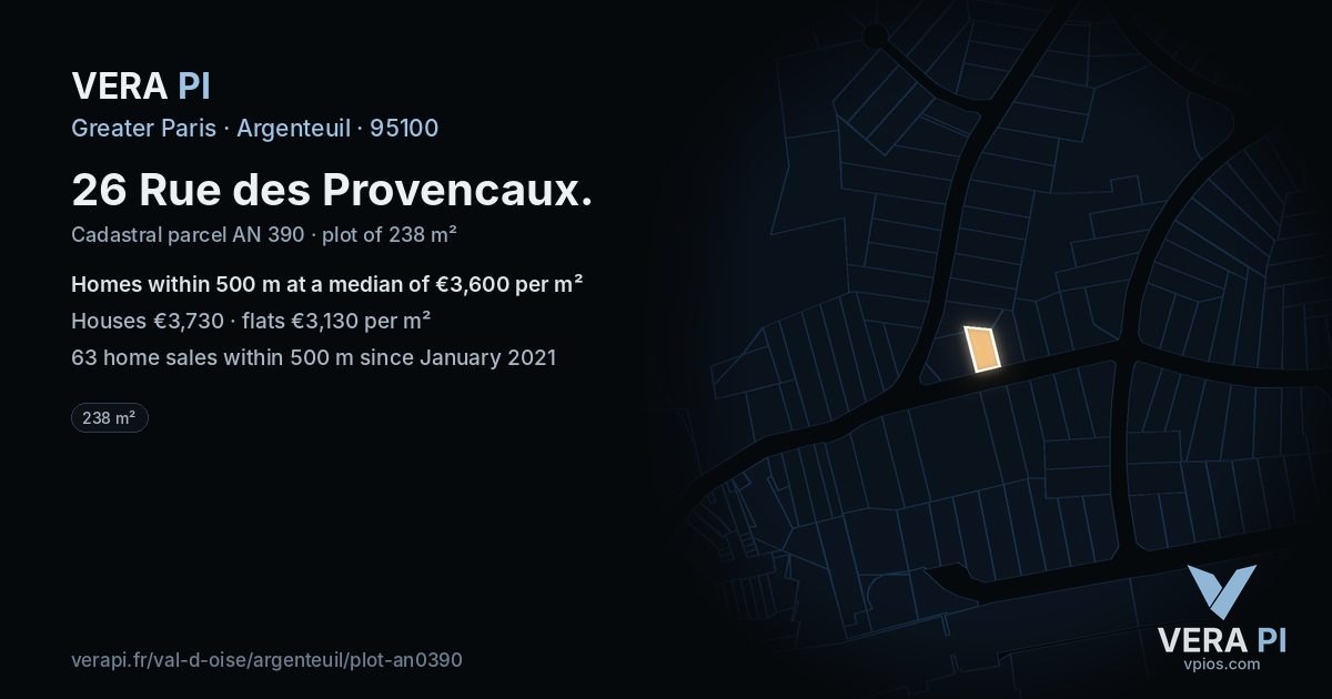 26 Rue des Provencaux, Argenteuil at night – the plot lit, the parcels around coloured by the prices near them