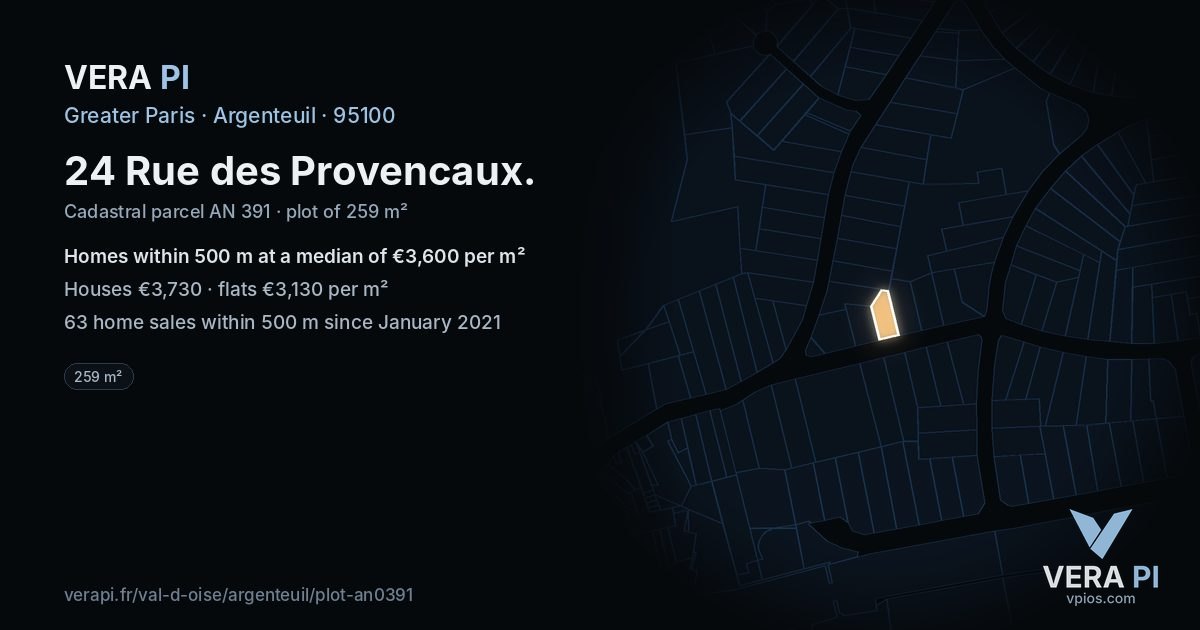24 Rue des Provencaux, Argenteuil at night – the plot lit, the parcels around coloured by the prices near them