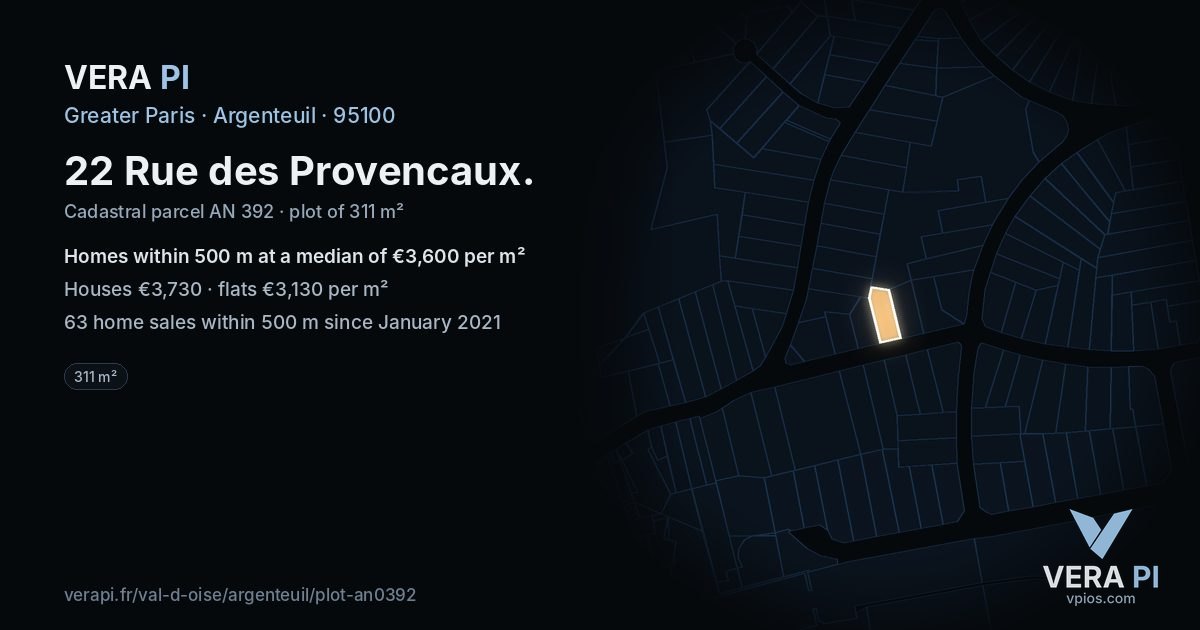 22 Rue des Provencaux, Argenteuil at night – the plot lit, the parcels around coloured by the prices near them