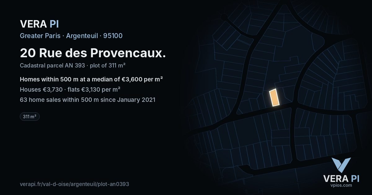 20 Rue des Provencaux, Argenteuil at night – the plot lit, the parcels around coloured by the prices near them