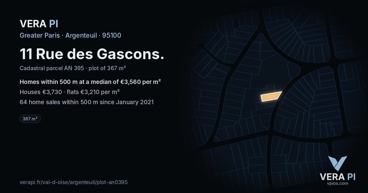 11 Rue des Gascons, Argenteuil at night – the plot lit, the parcels around coloured by the prices near them