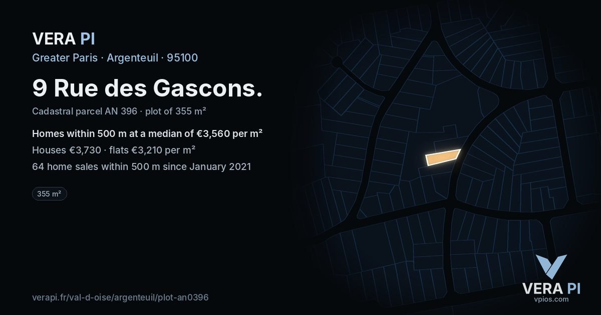 9 Rue des Gascons, Argenteuil at night – the plot lit, the parcels around coloured by the prices near them