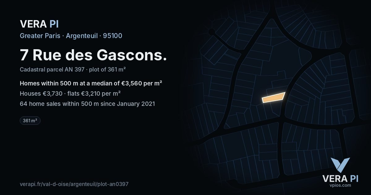 7 Rue des Gascons, Argenteuil at night – the plot lit, the parcels around coloured by the prices near them