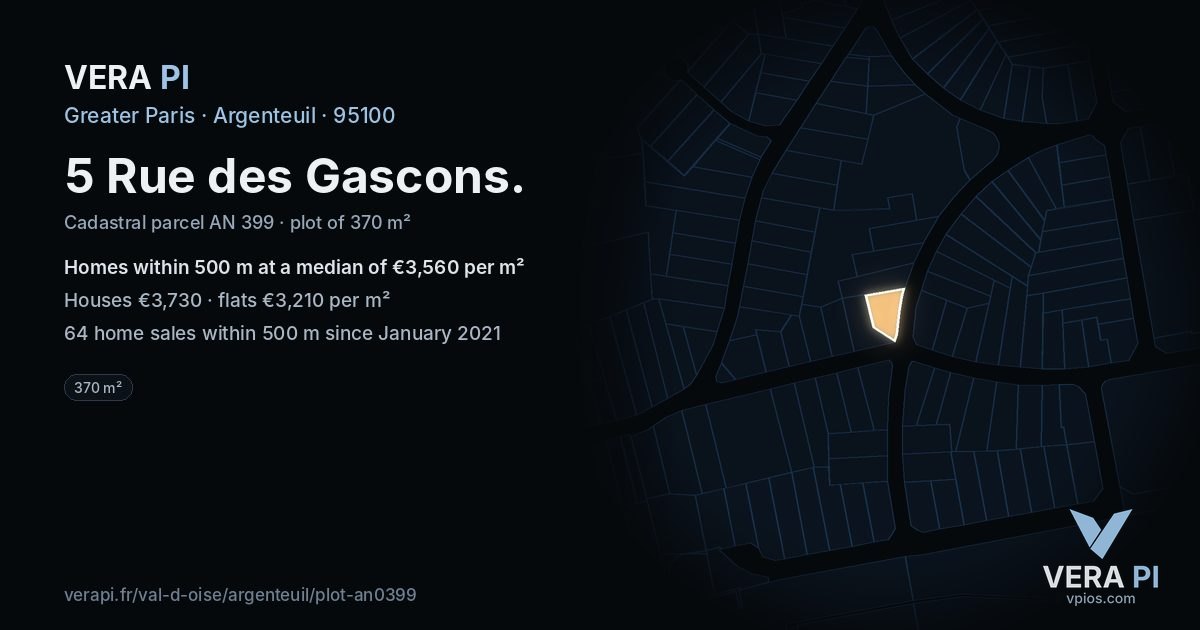 5 Rue des Gascons, Argenteuil at night – the plot lit, the parcels around coloured by the prices near them