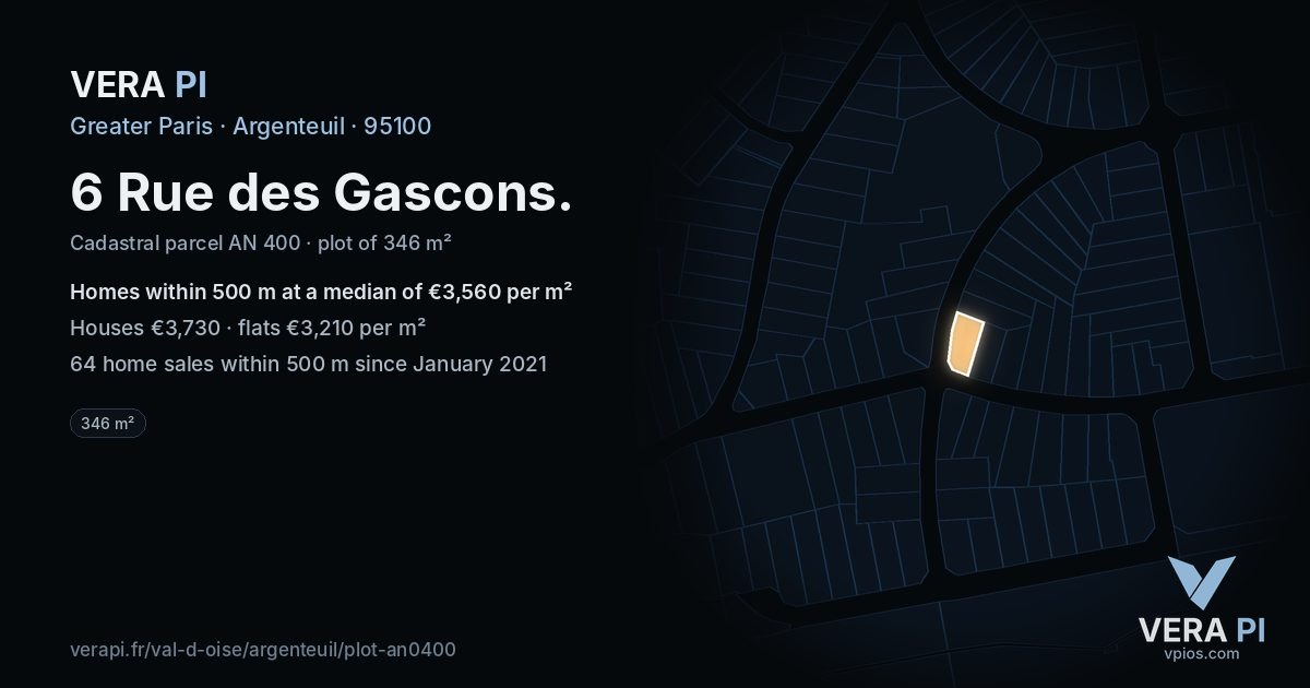 6 Rue des Gascons, Argenteuil at night – the plot lit, the parcels around coloured by the prices near them
