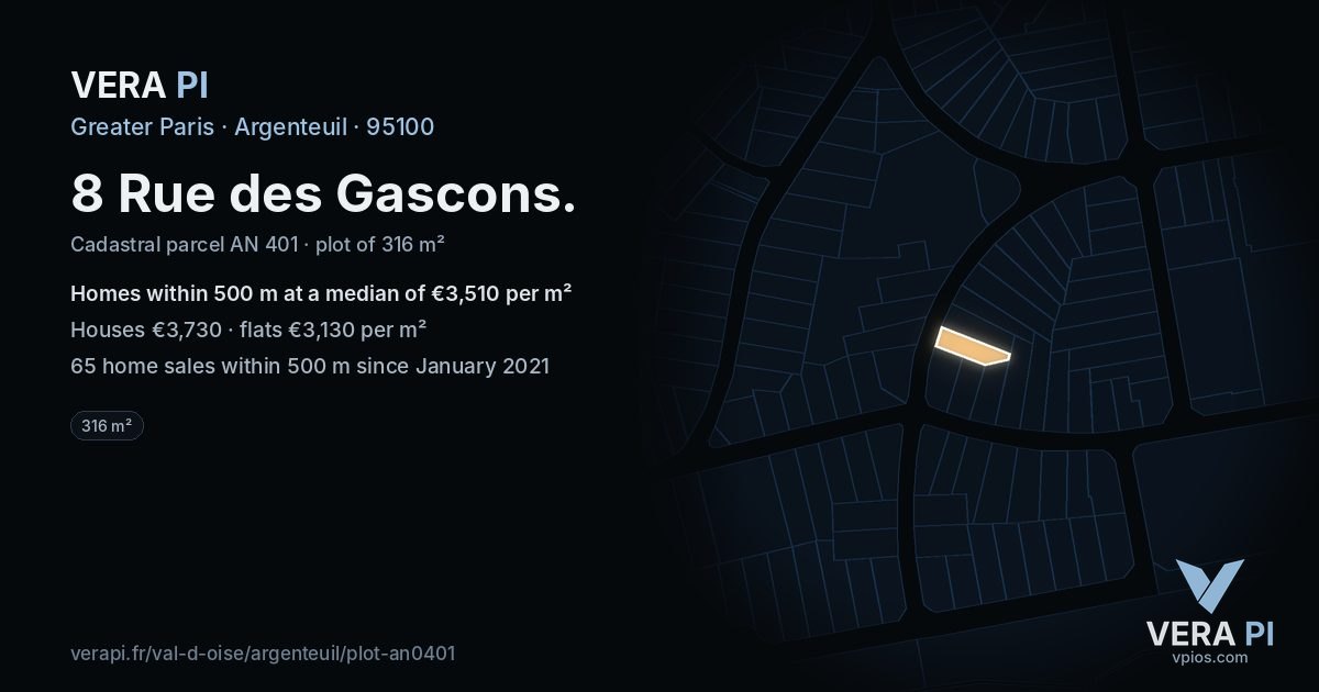 8 Rue des Gascons, Argenteuil at night – the plot lit, the parcels around coloured by the prices near them