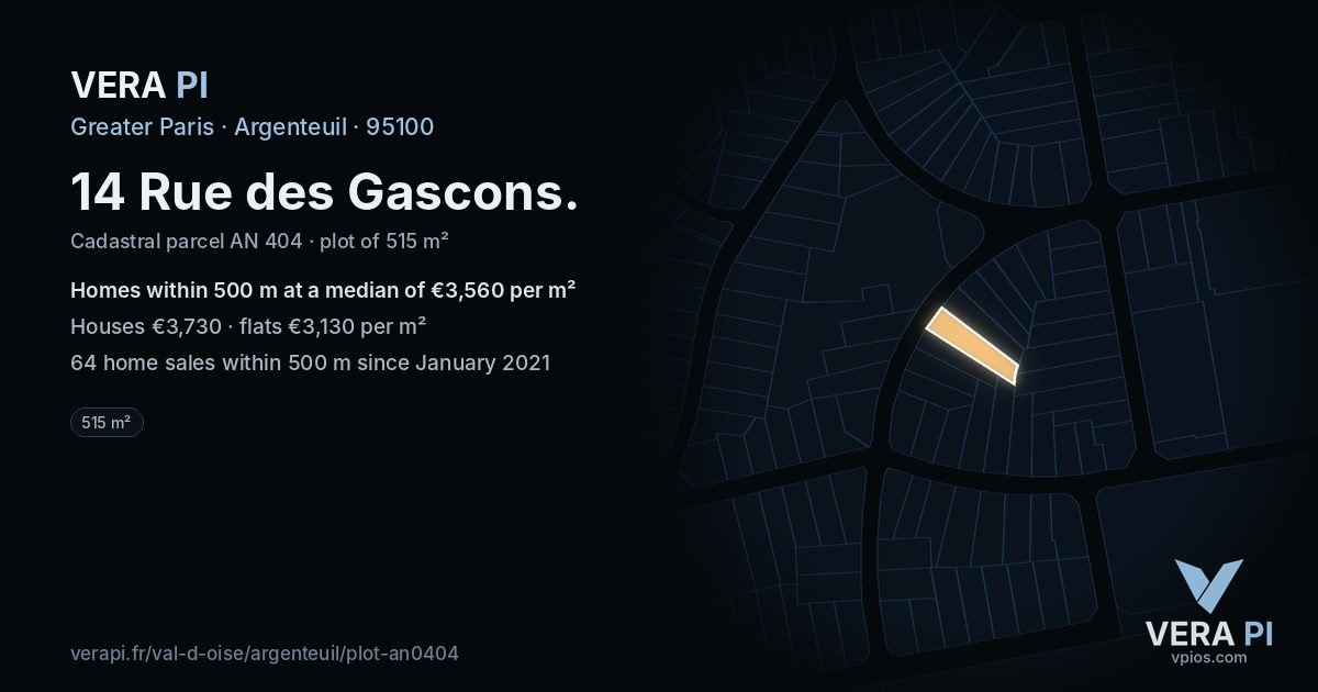 14 Rue des Gascons, Argenteuil at night – the plot lit, the parcels around coloured by the prices near them
