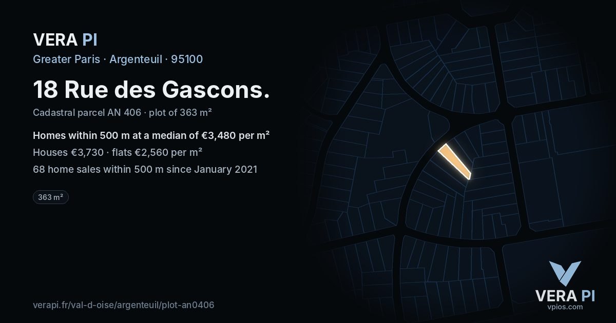 18 Rue des Gascons, Argenteuil at night – the plot lit, the parcels around coloured by the prices near them