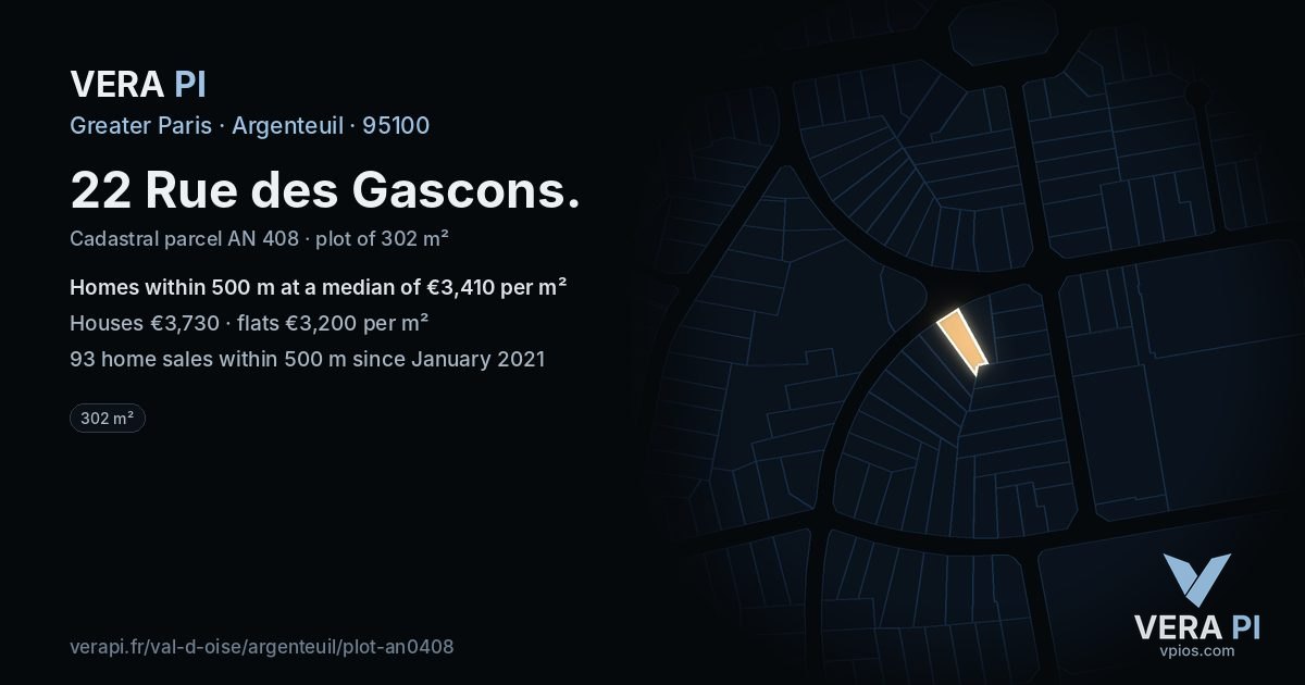 22 Rue des Gascons, Argenteuil at night – the plot lit, the parcels around coloured by the prices near them