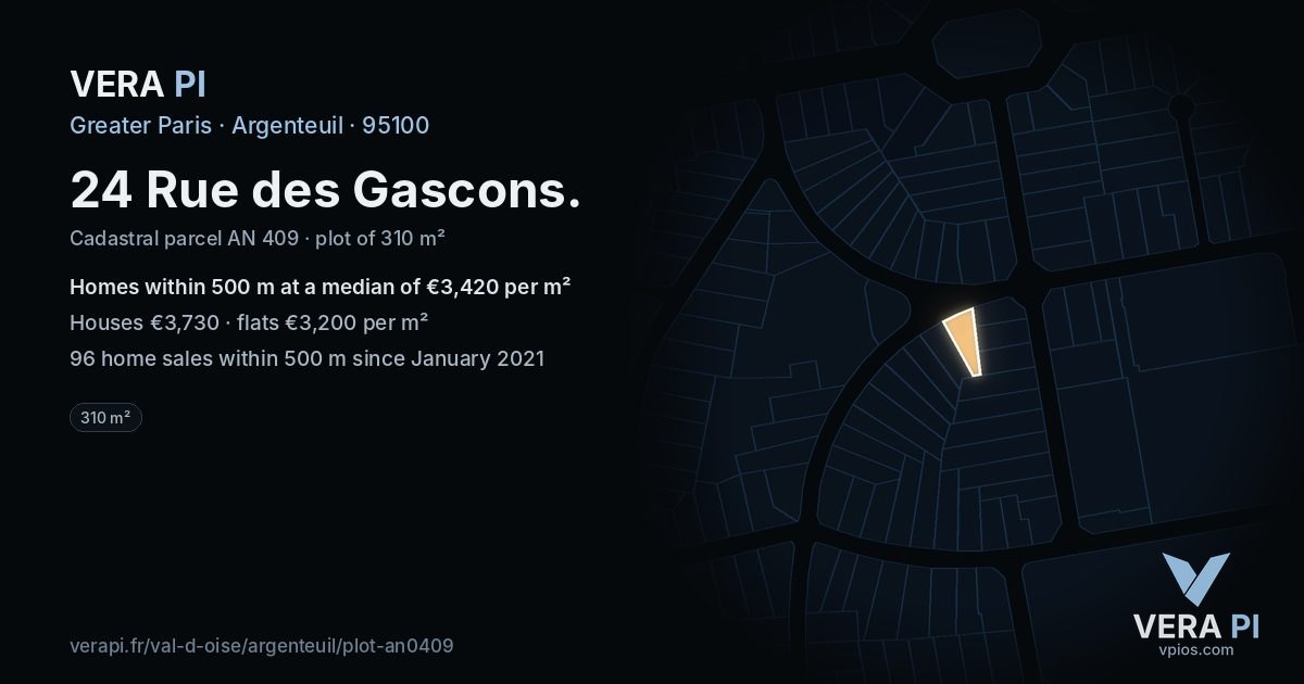 24 Rue des Gascons, Argenteuil at night – the plot lit, the parcels around coloured by the prices near them