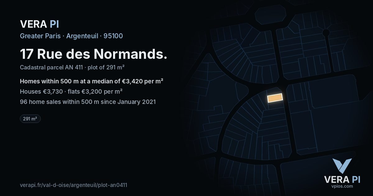 17 Rue des Normands, Argenteuil at night – the plot lit, the parcels around coloured by the prices near them