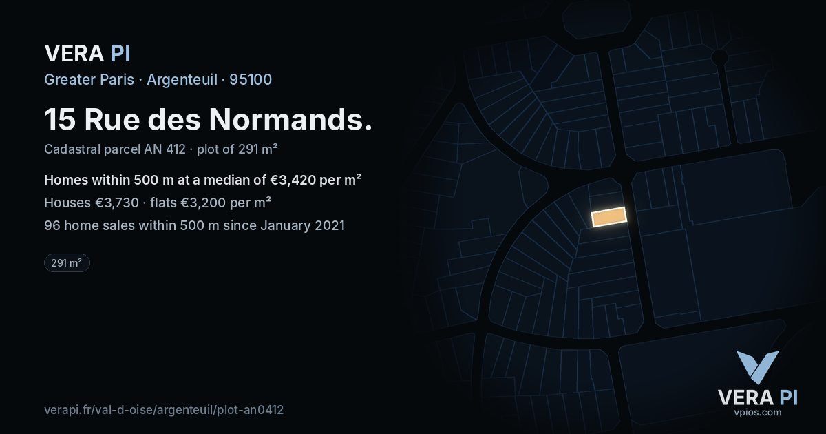 15 Rue des Normands, Argenteuil at night – the plot lit, the parcels around coloured by the prices near them
