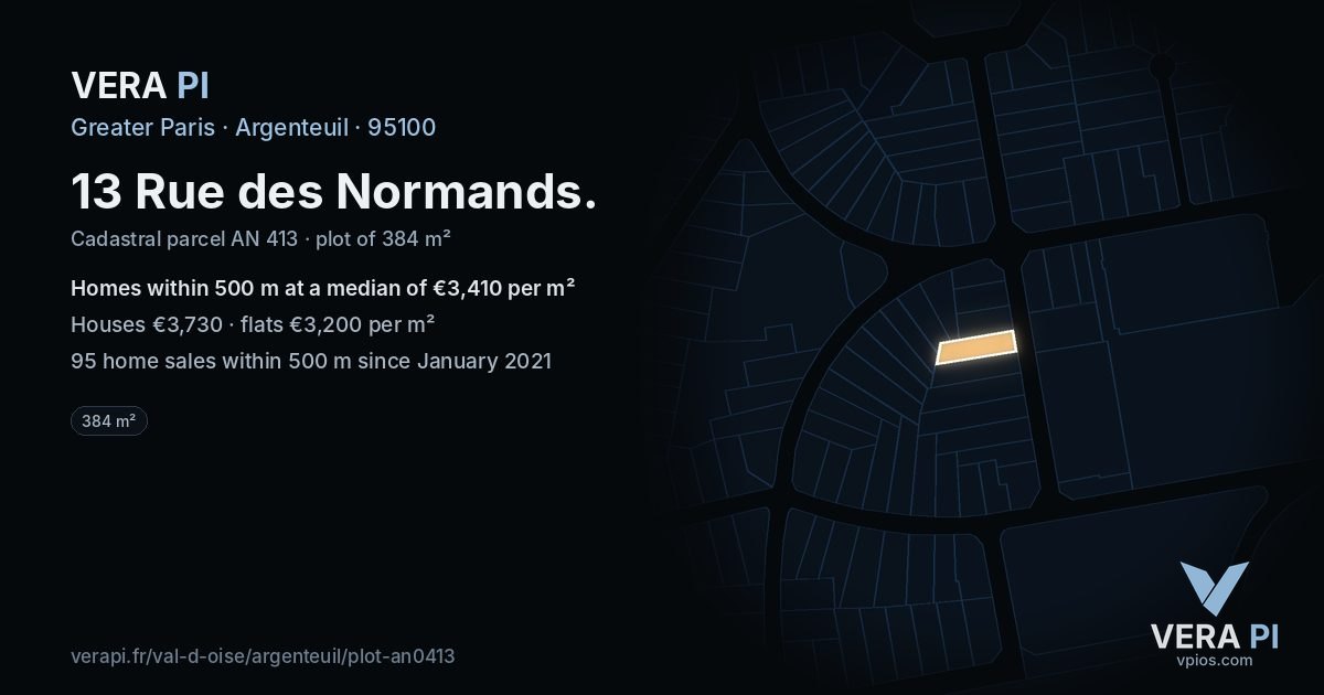 13 Rue des Normands, Argenteuil at night – the plot lit, the parcels around coloured by the prices near them