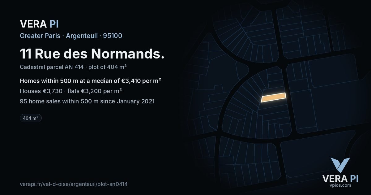 11 Rue des Normands, Argenteuil at night – the plot lit, the parcels around coloured by the prices near them