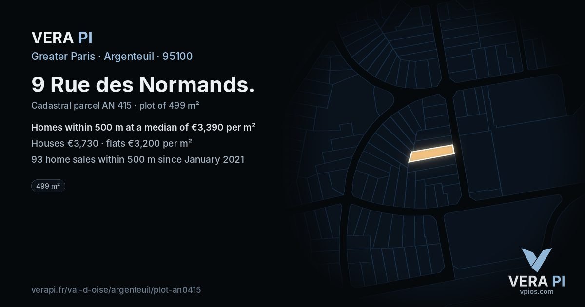 9 Rue des Normands, Argenteuil at night – the plot lit, the parcels around coloured by the prices near them
