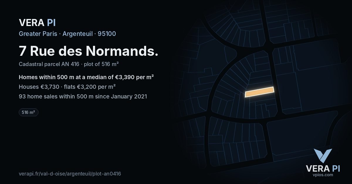 7 Rue des Normands, Argenteuil at night – the plot lit, the parcels around coloured by the prices near them