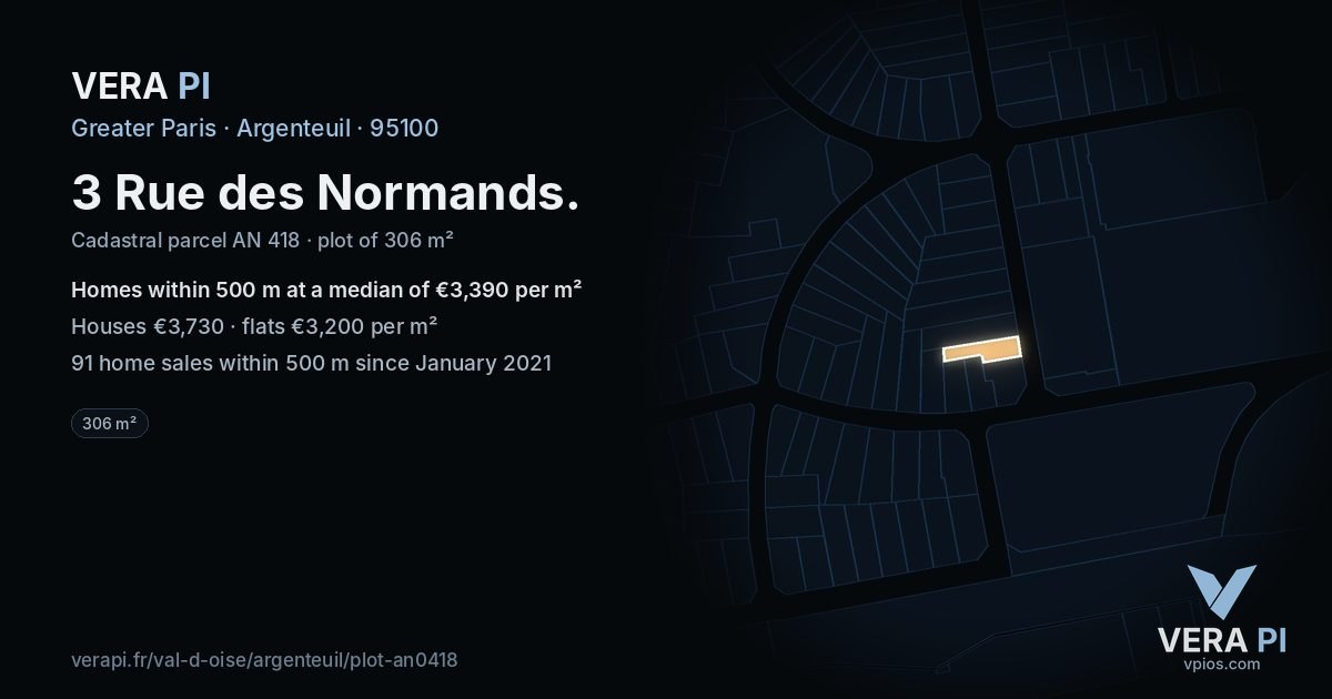 3 Rue des Normands, Argenteuil at night – the plot lit, the parcels around coloured by the prices near them