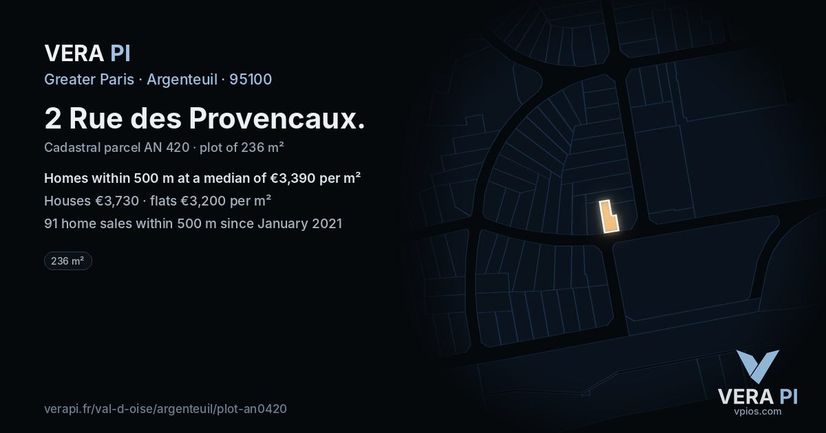 2 Rue des Provencaux, Argenteuil at night – the plot lit, the parcels around coloured by the prices near them