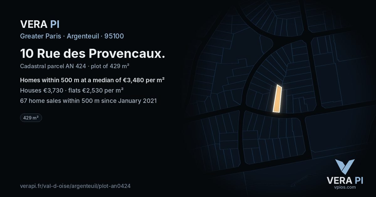 10 Rue des Provencaux, Argenteuil at night – the plot lit, the parcels around coloured by the prices near them