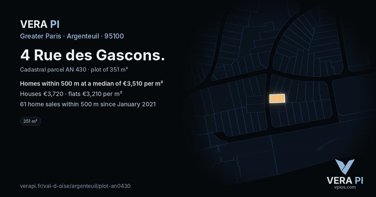4 Rue des Gascons, Argenteuil at night – the plot lit, the parcels around coloured by the prices near them