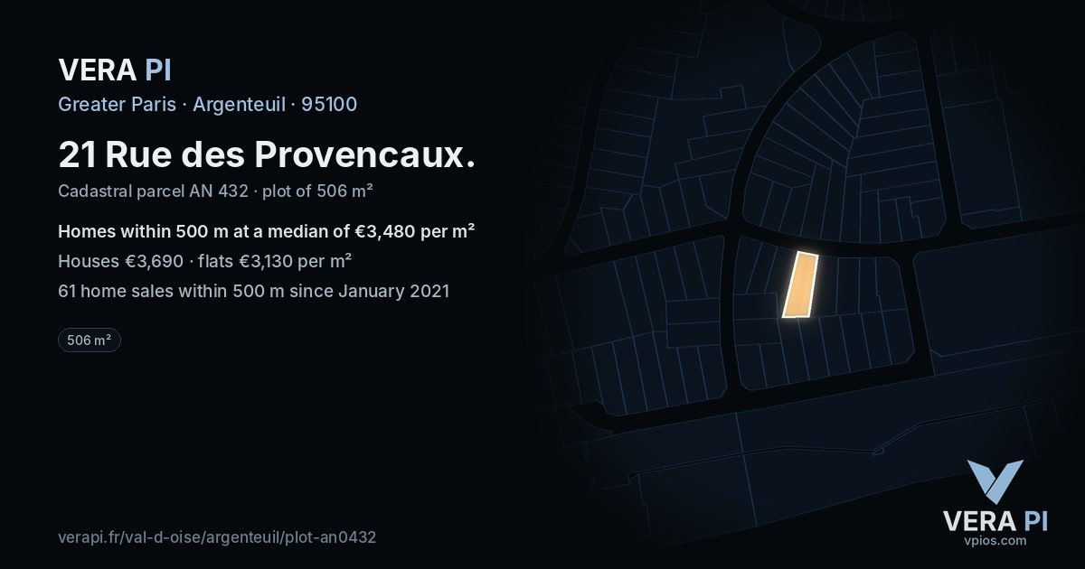 21 Rue des Provencaux, Argenteuil at night – the plot lit, the parcels around coloured by the prices near them