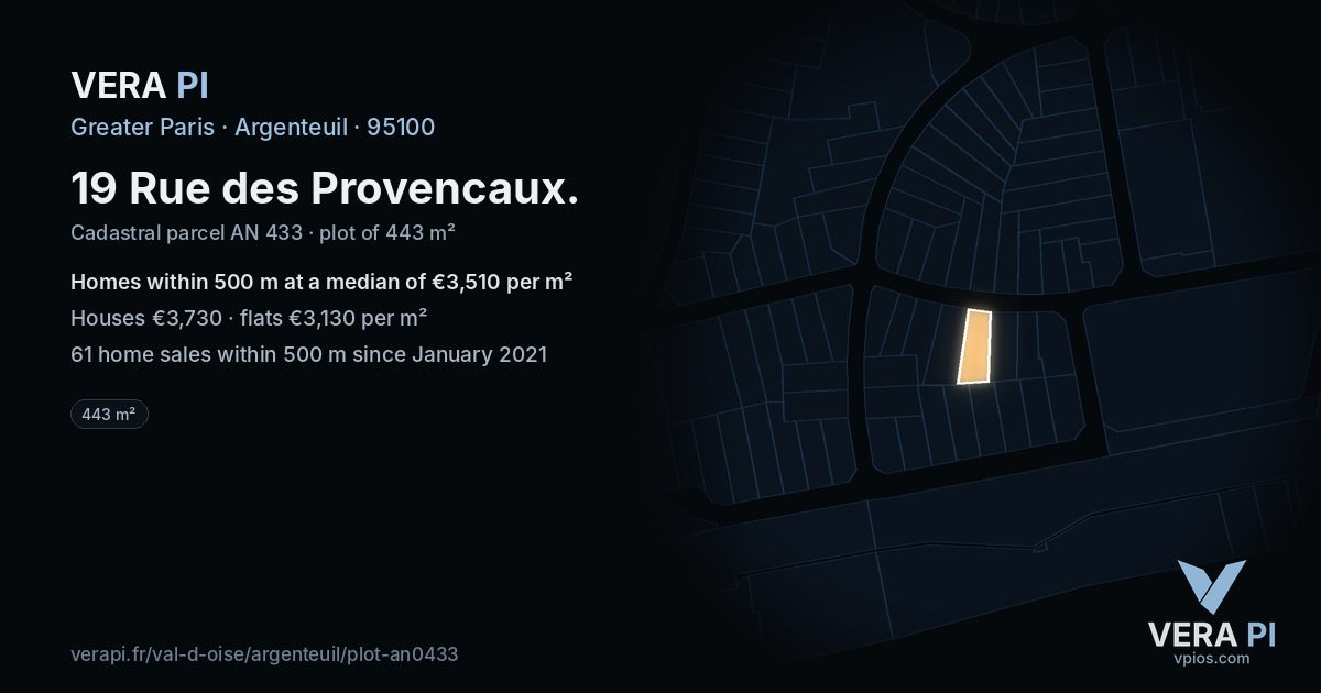 19 Rue des Provencaux, Argenteuil at night – the plot lit, the parcels around coloured by the prices near them