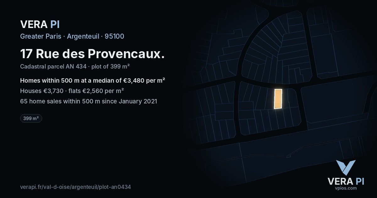 17 Rue des Provencaux, Argenteuil at night – the plot lit, the parcels around coloured by the prices near them