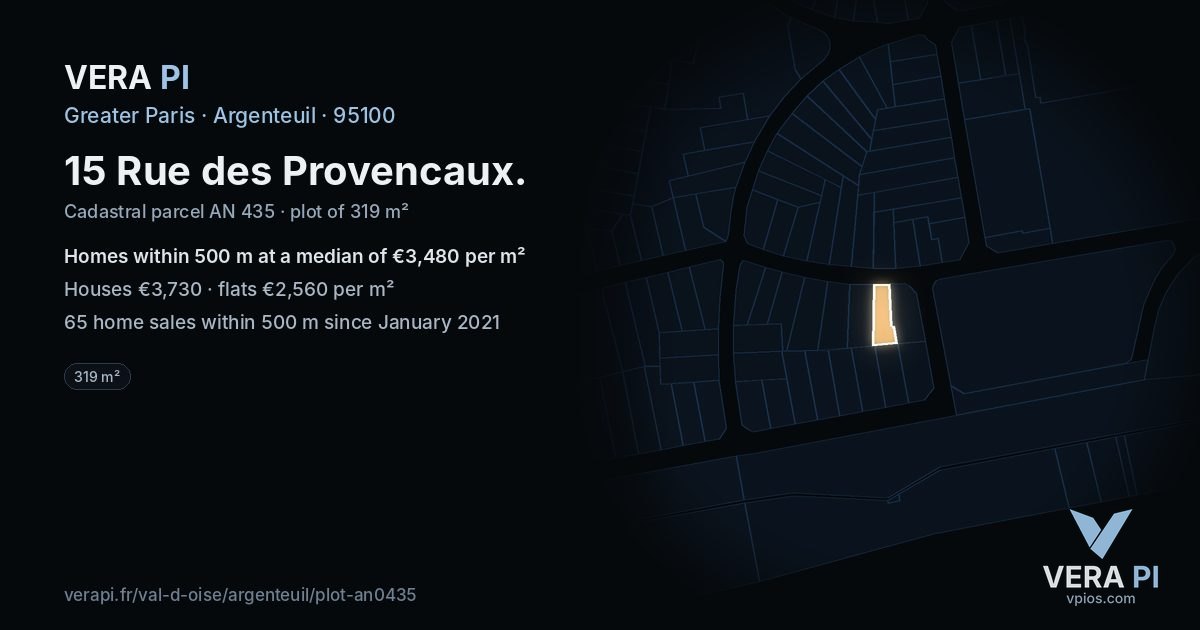 15 Rue des Provencaux, Argenteuil at night – the plot lit, the parcels around coloured by the prices near them