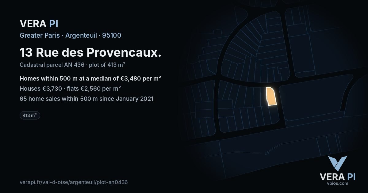 13 Rue des Provencaux, Argenteuil at night – the plot lit, the parcels around coloured by the prices near them