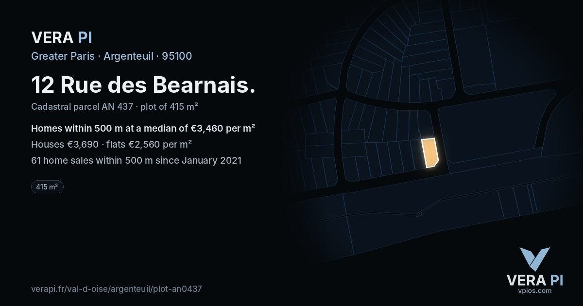 12 Rue des Bearnais, Argenteuil at night – the plot lit, the parcels around coloured by the prices near them