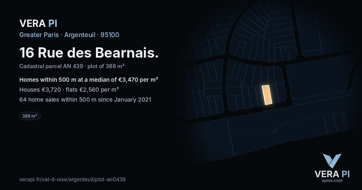 16 Rue des Bearnais, Argenteuil at night – the plot lit, the parcels around coloured by the prices near them