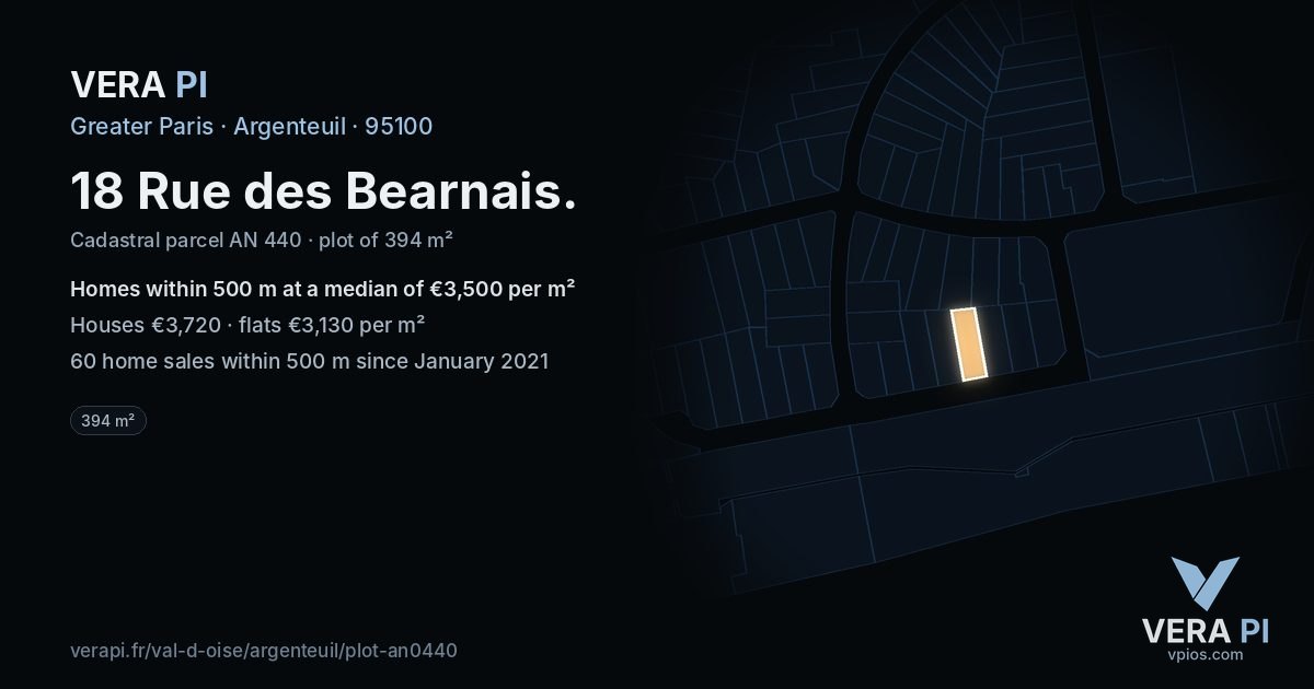 18 Rue des Bearnais, Argenteuil at night – the plot lit, the parcels around coloured by the prices near them