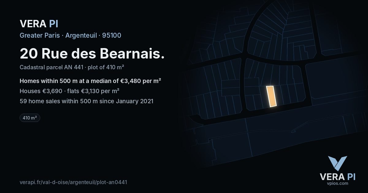 20 Rue des Bearnais, Argenteuil at night – the plot lit, the parcels around coloured by the prices near them