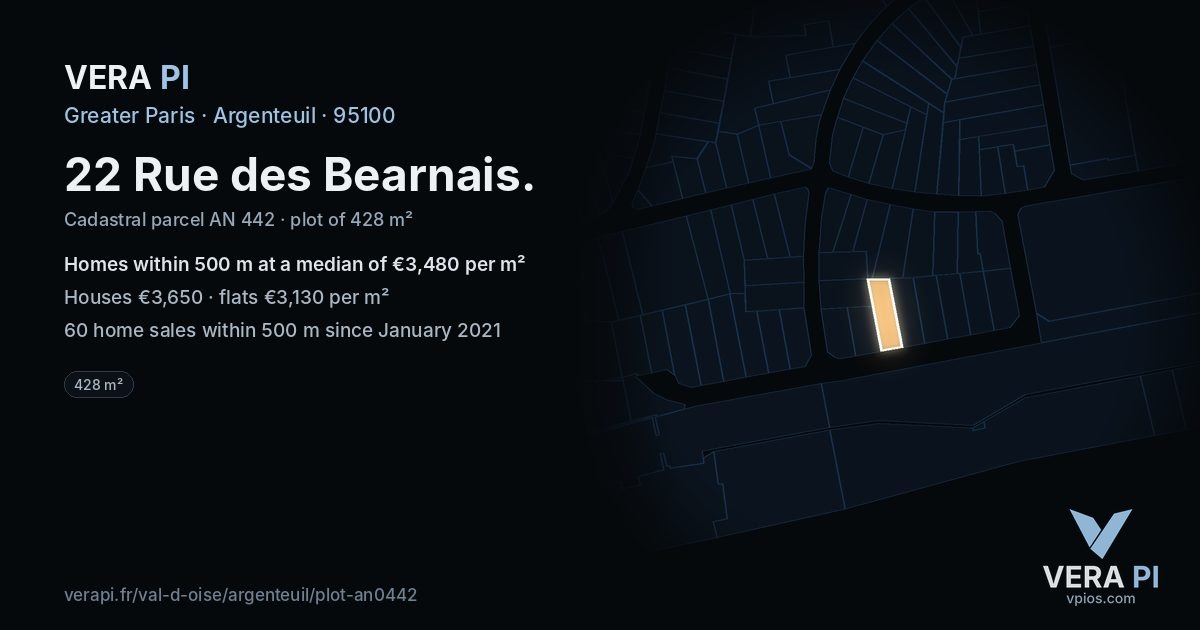 22 Rue des Bearnais, Argenteuil at night – the plot lit, the parcels around coloured by the prices near them