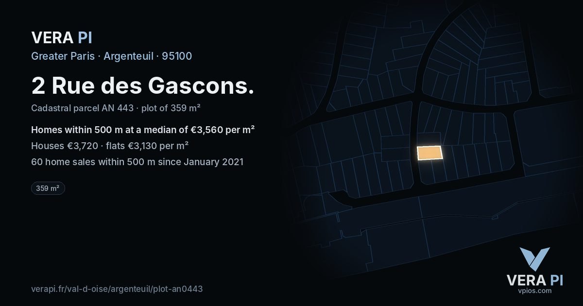 2 Rue des Gascons, Argenteuil at night – the plot lit, the parcels around coloured by the prices near them
