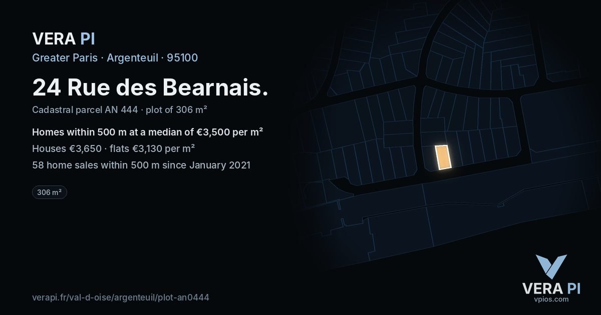 24 Rue des Bearnais, Argenteuil at night – the plot lit, the parcels around coloured by the prices near them