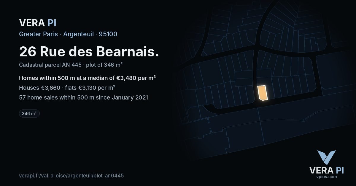 26 Rue des Bearnais, Argenteuil at night – the plot lit, the parcels around coloured by the prices near them
