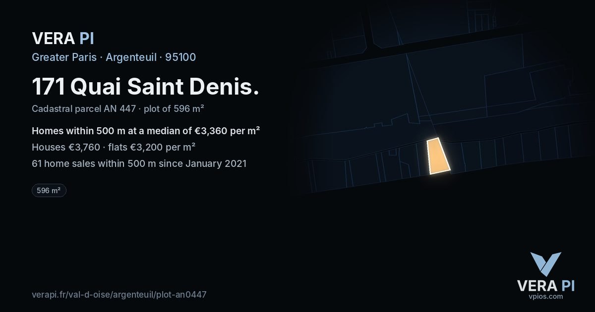 171 Quai Saint Denis, Argenteuil at night – the plot lit, the parcels around coloured by the prices near them