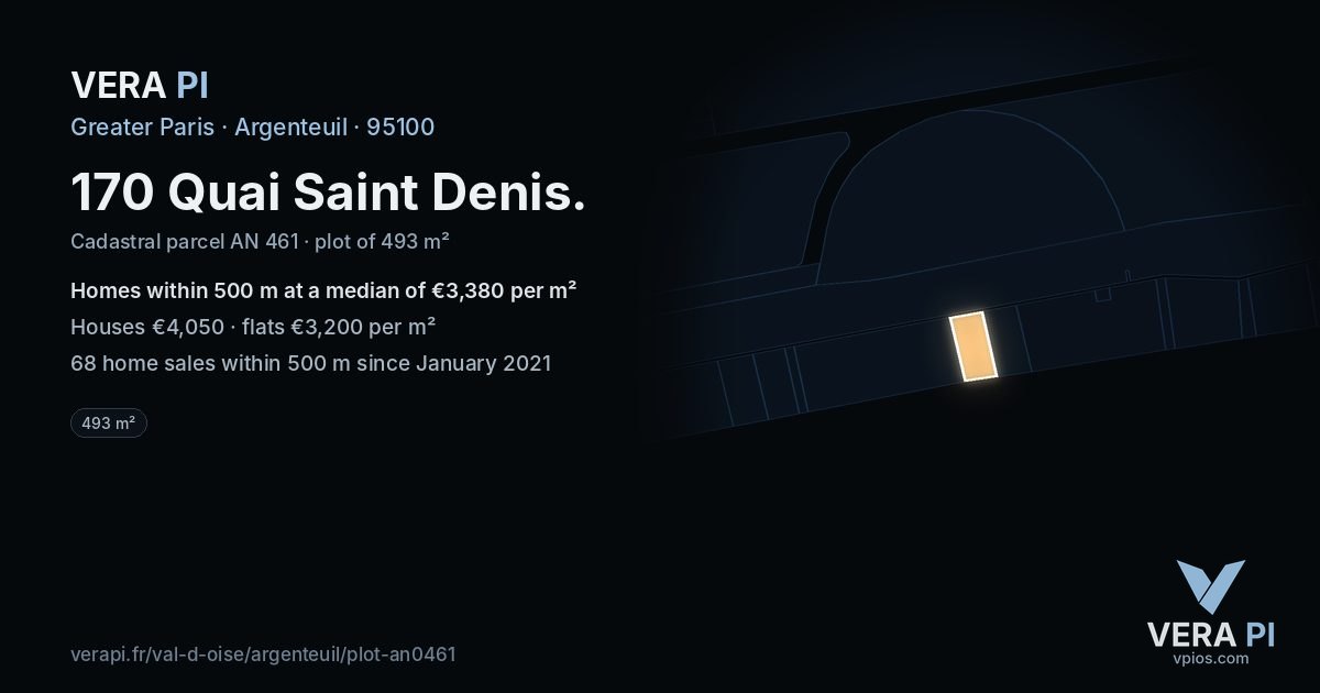 170 Quai Saint Denis, Argenteuil at night – the plot lit, the parcels around coloured by the prices near them