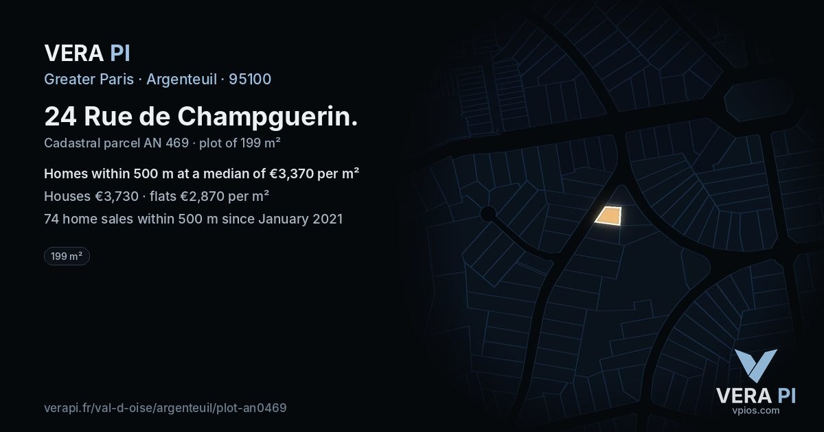 24 Rue de Champguerin, Argenteuil at night – the plot lit, the parcels around coloured by the prices near them